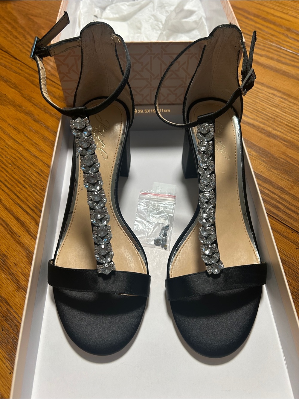 Badgley Mischka Black Satin T-Strap Rhinestone Block Heel Sandals